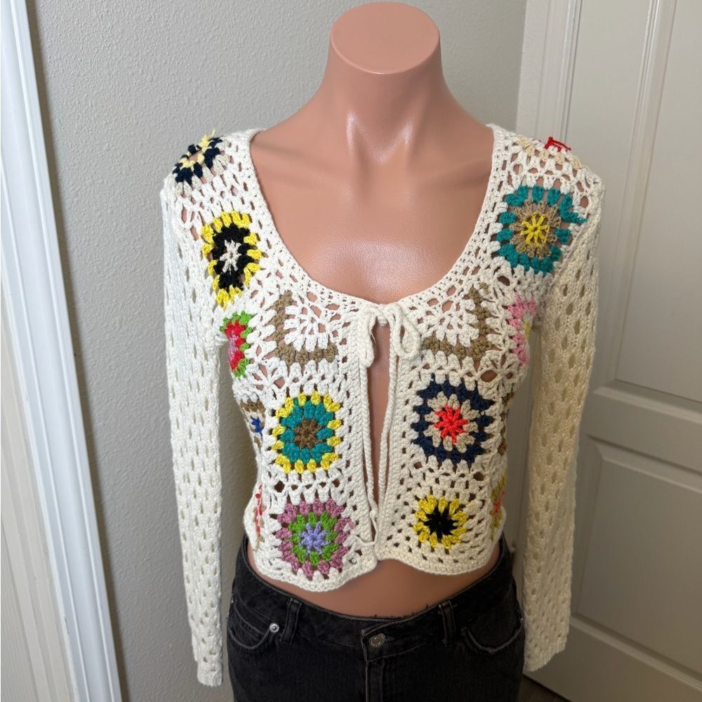 Luna Ivy Colorful Crochet Floral Cardigan Sz XS
